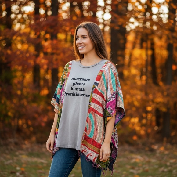 Hippie Boho Festival Short Sleeve Poncho Top Graphic Kantha Granola Girl Whimsy - Picture 2 of 16